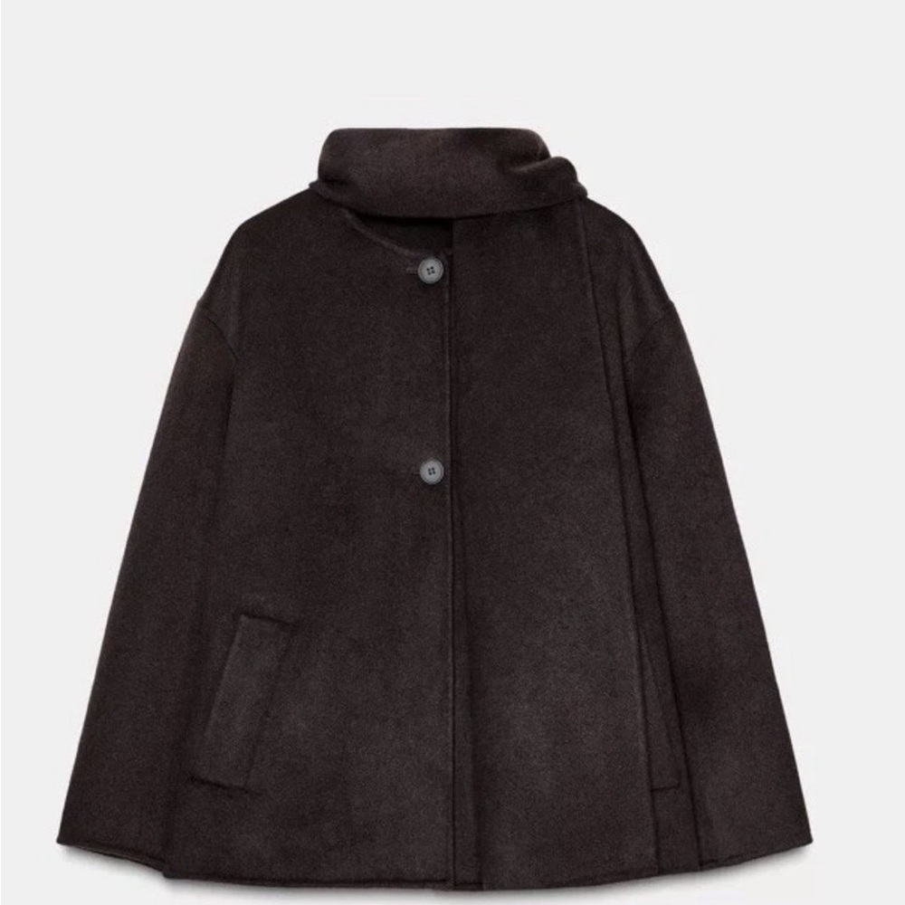 NWT. Zara ZW Collection Black Wool Blend Short Coat with Scarf. Size XS. - Picture 6 of 10